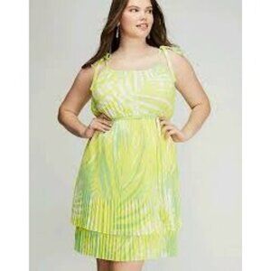 Lane Bryant 26/28 Yellow & Green Pleated Asymmetrical Hem Dress With Tie Straps